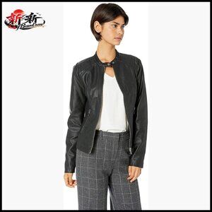 Faux Leather Moto Jacket with Zip Pockets and Stretch Panels